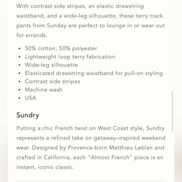 NWT Size XS -Sundry Vintage Terry Side-Stripe Wide-Leg Track Pants (NWT US$ 138) - Picture 14 of 16